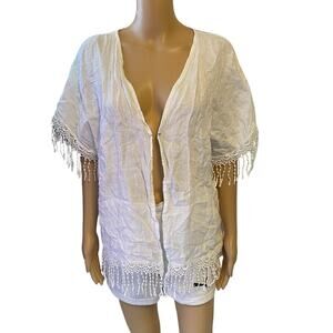 Valentina Naldi Italy Linen Open Front Tunic Cover-Up White Lace Fringe OS Boho